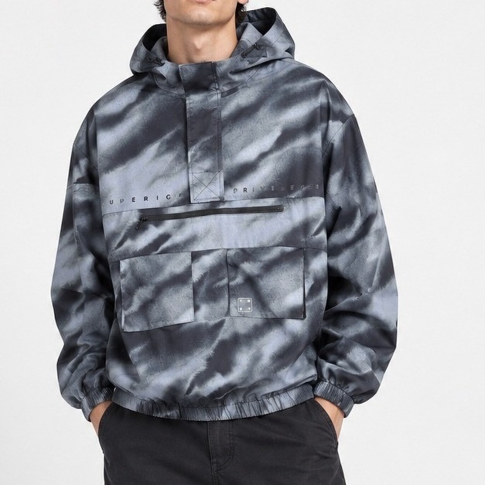 Men XL Gray Black Abstract Anorak Windbreaker Hooded Streetwear Bleecker Mercer